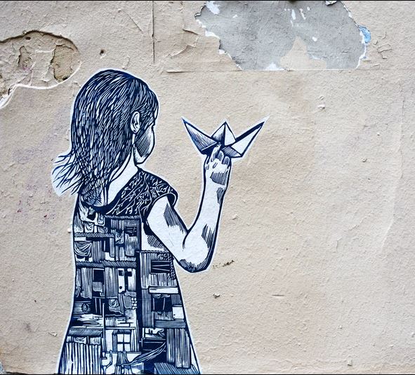 drawing of a girl holding an origami swan